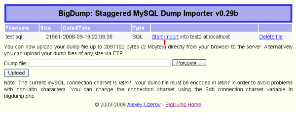 BigDump configuration ok